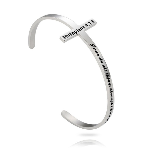 Inspirational Cuff Cross Bangle, "Philippians 4:13 - Picture 1 of 4